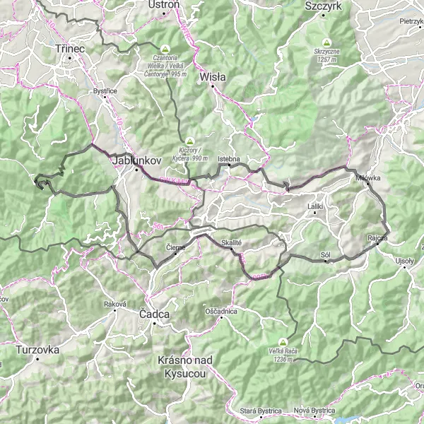Map miniature of "Mountain Passes Adventure" cycling inspiration in Śląskie, Poland. Generated by Tarmacs.app cycling route planner