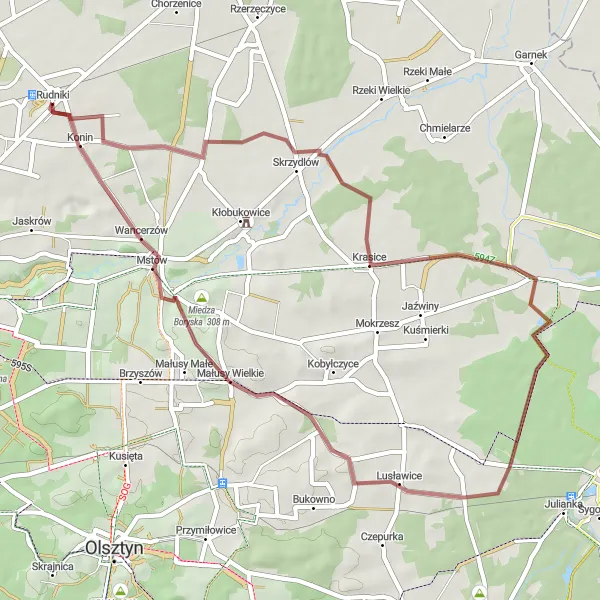 Miniatura mapy "Trasa gravelowa w okolicach Rędzin" - trasy rowerowej w Śląskie, Poland. Wygenerowane przez planer tras rowerowych Tarmacs.app