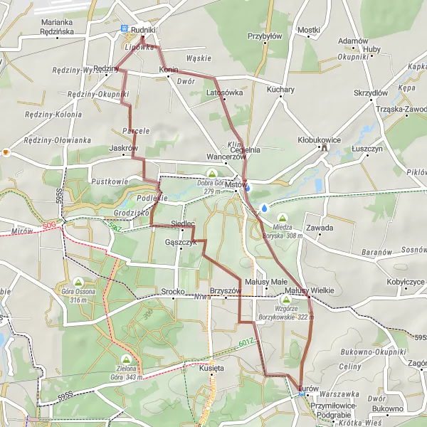 Map miniature of "Gravel Route from Rudniki to Siedlec and Rędziny" cycling inspiration in Śląskie, Poland. Generated by Tarmacs.app cycling route planner