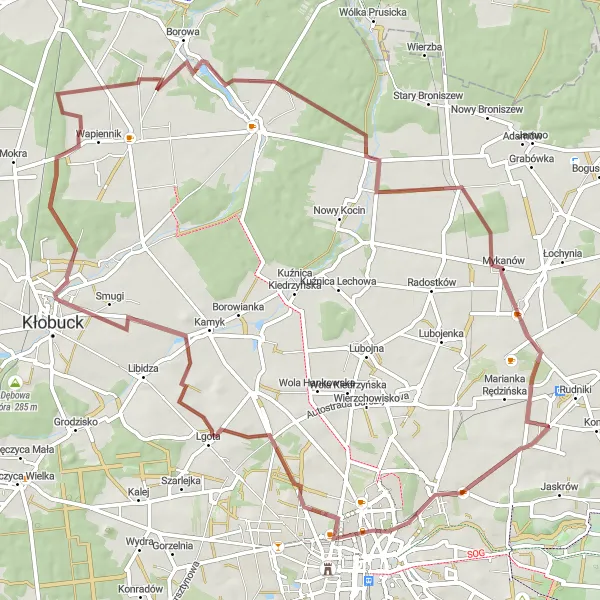 Map miniature of "Gravel Route from Rudniki to Wyczerpy-Aniołów and Kościelec" cycling inspiration in Śląskie, Poland. Generated by Tarmacs.app cycling route planner