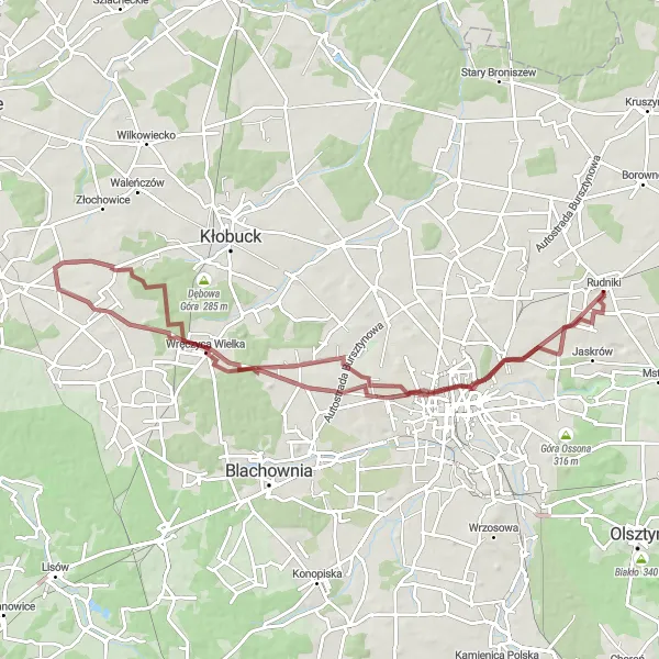 Map miniature of "Gravel Route from Rudniki to Wręczyca Wielka and Truskolasy" cycling inspiration in Śląskie, Poland. Generated by Tarmacs.app cycling route planner