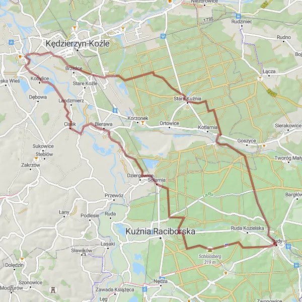 Miniatura mapy "Trasa Gravelowa ze Schlossberg do Rudy przez Solarnię i Cisek" - trasy rowerowej w Śląskie, Poland. Wygenerowane przez planer tras rowerowych Tarmacs.app