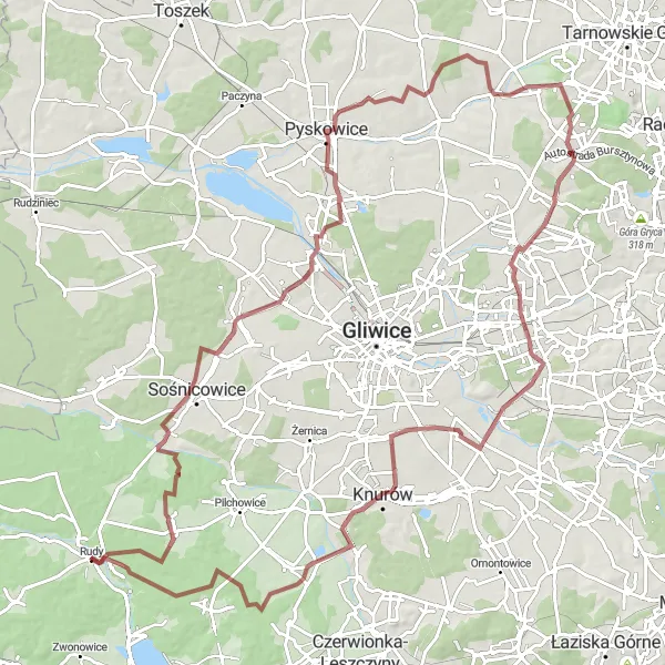 Miniatura mapy "Trasa rowerowa z Rudy do Rudy przez Helenka i Knurów" - trasy rowerowej w Śląskie, Poland. Wygenerowane przez planer tras rowerowych Tarmacs.app