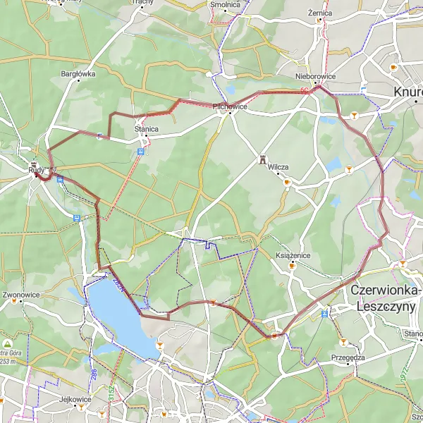 Map miniature of "Pilchowice and Jezioro Rybnickie Gravel Loop" cycling inspiration in Śląskie, Poland. Generated by Tarmacs.app cycling route planner