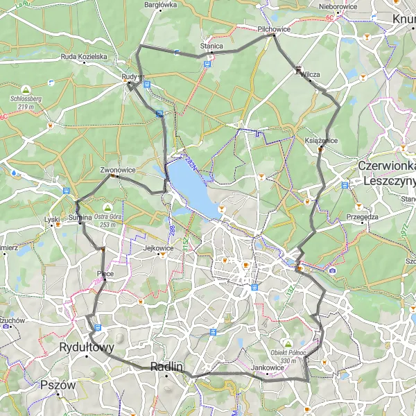 Map miniature of "Pilchowice Circuit" cycling inspiration in Śląskie, Poland. Generated by Tarmacs.app cycling route planner