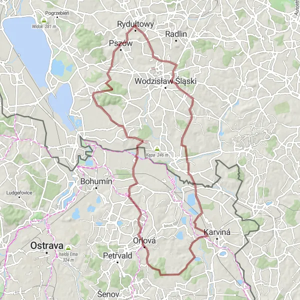 Map miniature of "Rydułtowy and Podlesie Gravel Adventure" cycling inspiration in Śląskie, Poland. Generated by Tarmacs.app cycling route planner