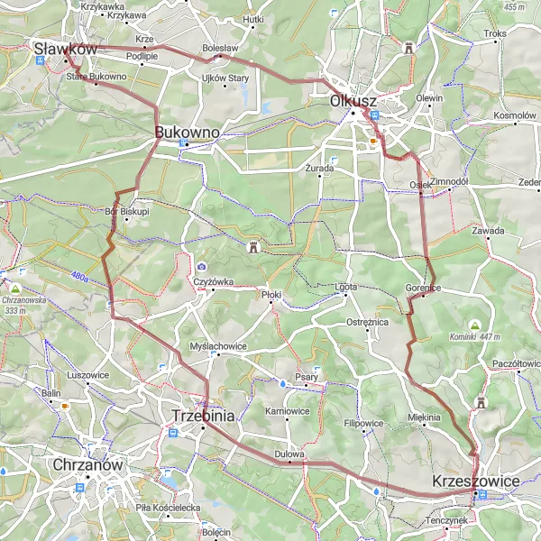 Miniatura mapy "Trasa rowerowa przez Kamienną Górę i Olkusz" - trasy rowerowej w Śląskie, Poland. Wygenerowane przez planer tras rowerowych Tarmacs.app