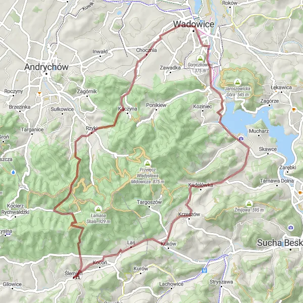 Map miniature of "Gravel Adventure in the Beskids" cycling inspiration in Śląskie, Poland. Generated by Tarmacs.app cycling route planner