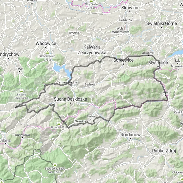 Map miniature of "Road Cycling Tour Ślemień - Skawica" cycling inspiration in Śląskie, Poland. Generated by Tarmacs.app cycling route planner