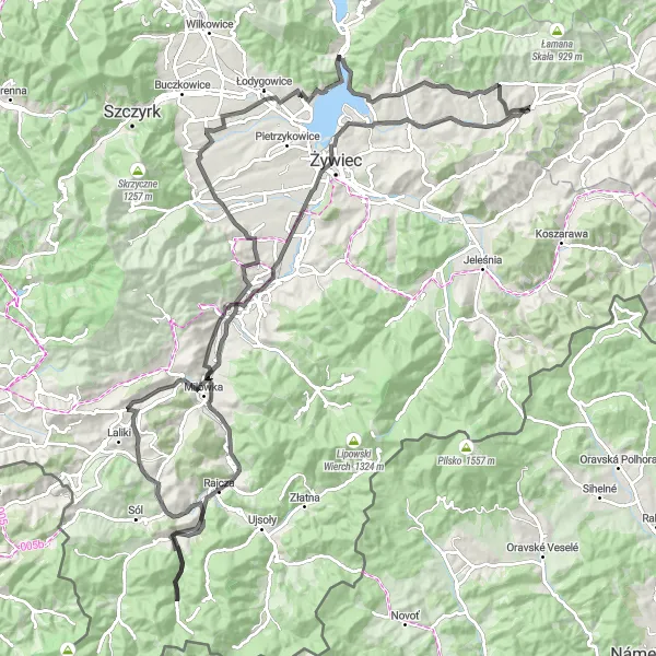 Map miniature of "Ultimate Road Cycling Challenge in the Beskid Mountains" cycling inspiration in Śląskie, Poland. Generated by Tarmacs.app cycling route planner