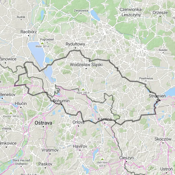 Miniatura mapy "Trasa przez Górny Śląsk i Zaolzie" - trasy rowerowej w Śląskie, Poland. Wygenerowane przez planer tras rowerowych Tarmacs.app