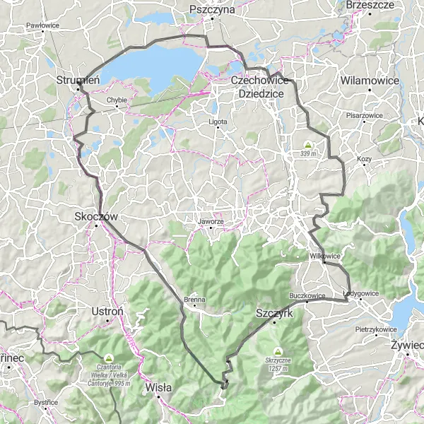 Map miniature of "Goczałkowice-Zdrój and Szczyrk Road Adventure" cycling inspiration in Śląskie, Poland. Generated by Tarmacs.app cycling route planner