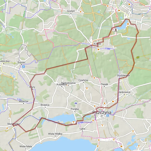 Map miniature of "Countryside Discovery from Kryry to Pszczyna" cycling inspiration in Śląskie, Poland. Generated by Tarmacs.app cycling route planner