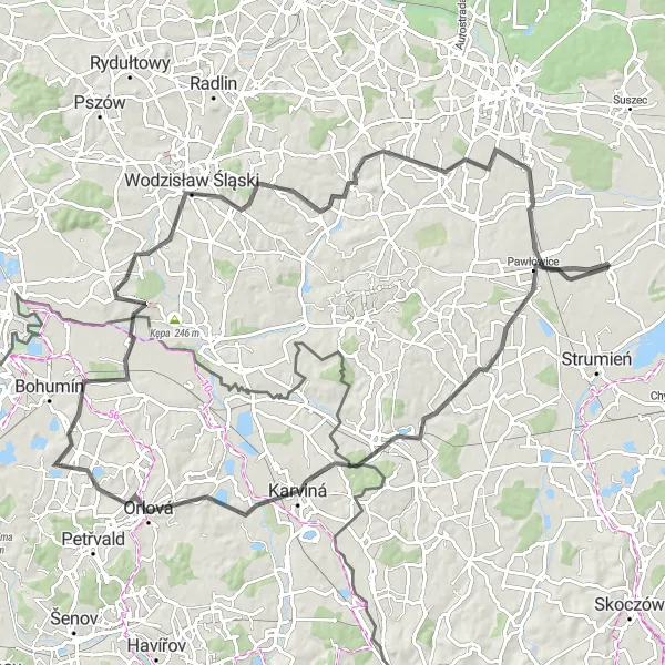 Map miniature of "Pawłowice Loop" cycling inspiration in Śląskie, Poland. Generated by Tarmacs.app cycling route planner
