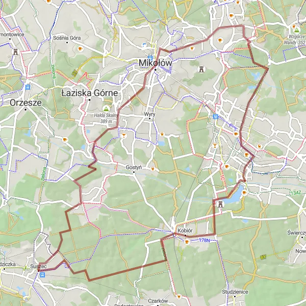 Map miniature of "Góra św. Jana and Tychy Route" cycling inspiration in Śląskie, Poland. Generated by Tarmacs.app cycling route planner