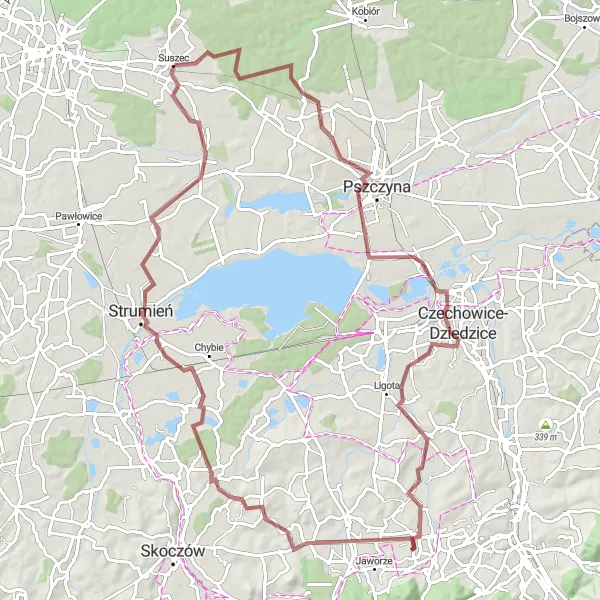 Map miniature of "Around Pszczyna and Suszec" cycling inspiration in Śląskie, Poland. Generated by Tarmacs.app cycling route planner