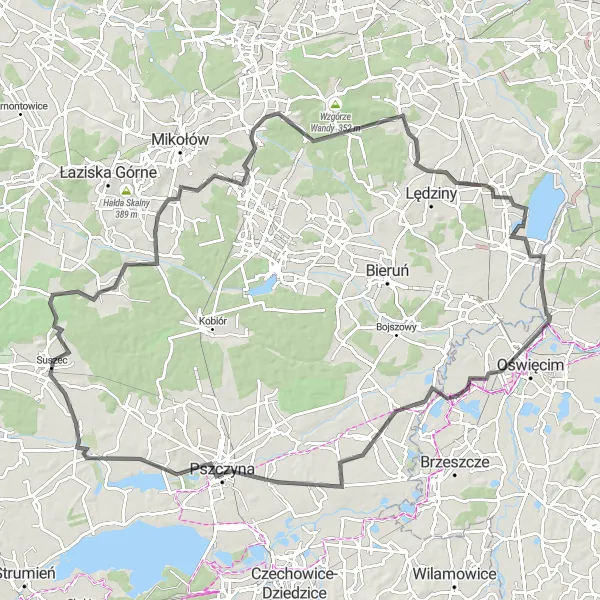 Miniatura mapy "Trasa z Suszca przez Skały, Hałdę Kostuchną do Brzeźc" - trasy rowerowej w Śląskie, Poland. Wygenerowane przez planer tras rowerowych Tarmacs.app
