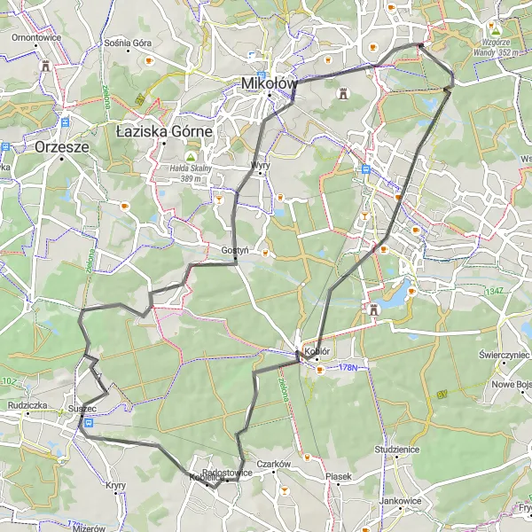 Map miniature of "Kostuchna and Suszec Adventure" cycling inspiration in Śląskie, Poland. Generated by Tarmacs.app cycling route planner
