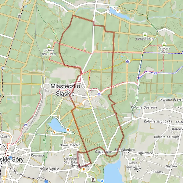 Map miniature of "Hidden Gravel Paths" cycling inspiration in Śląskie, Poland. Generated by Tarmacs.app cycling route planner