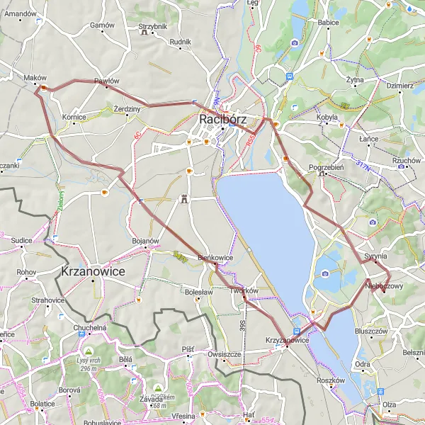 Map miniature of "Krzyżanowice Gravel Ride" cycling inspiration in Śląskie, Poland. Generated by Tarmacs.app cycling route planner