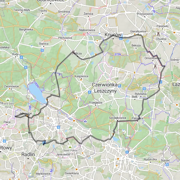 Map miniature of "Knurów Road Loop" cycling inspiration in Śląskie, Poland. Generated by Tarmacs.app cycling route planner