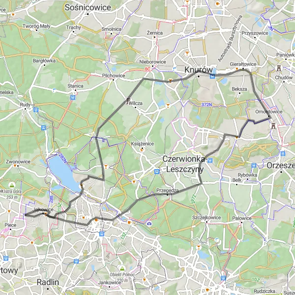 Map miniature of "Knurów - Zebrzydowice" cycling inspiration in Śląskie, Poland. Generated by Tarmacs.app cycling route planner