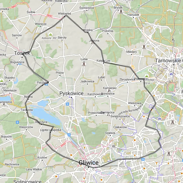 Miniatura mapy "Trasa szosowa przez Wielowieś, Kempę i Zabrże" - trasy rowerowej w Śląskie, Poland. Wygenerowane przez planer tras rowerowych Tarmacs.app