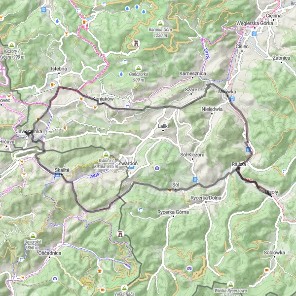 Map miniature of "Around Ujsoły and the Beskidy Mountains" cycling inspiration in Śląskie, Poland. Generated by Tarmacs.app cycling route planner