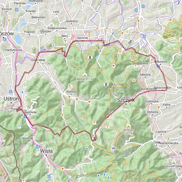 Map miniature of "Górki Małe and Jaworze Średnie Gravel Loop" cycling inspiration in Śląskie, Poland. Generated by Tarmacs.app cycling route planner