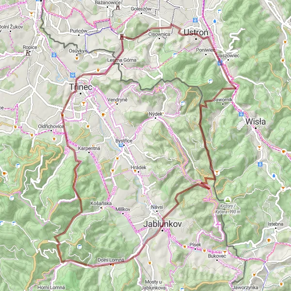 Map miniature of "Scenic gravel ride through Silesian Beskid" cycling inspiration in Śląskie, Poland. Generated by Tarmacs.app cycling route planner