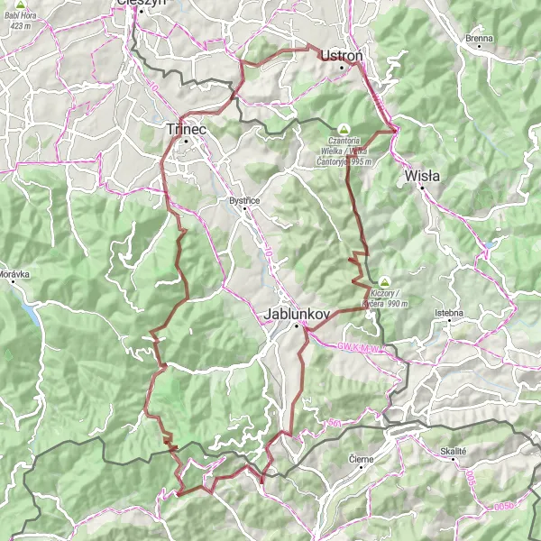 Map miniature of "Gravel adventure through Czech Republic and Poland" cycling inspiration in Śląskie, Poland. Generated by Tarmacs.app cycling route planner