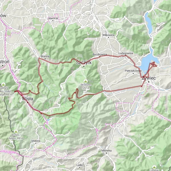 Miniatura mapy "Trasa Gravelowa: Wisła - Kościelec - Rybarzowice - Cyrhla" - trasy rowerowej w Śląskie, Poland. Wygenerowane przez planer tras rowerowych Tarmacs.app