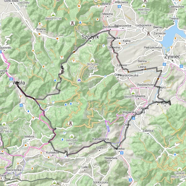 Map miniature of "Góry Godowskie Circuit" cycling inspiration in Śląskie, Poland. Generated by Tarmacs.app cycling route planner