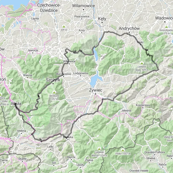 Map miniature of "Beskid Salmopolski Loop" cycling inspiration in Śląskie, Poland. Generated by Tarmacs.app cycling route planner