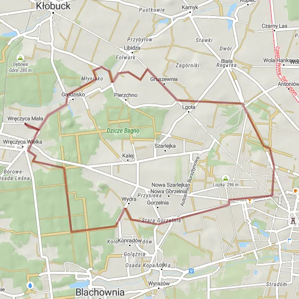 Map miniature of "Wręczyca Wielka Gravel Trail" cycling inspiration in Śląskie, Poland. Generated by Tarmacs.app cycling route planner