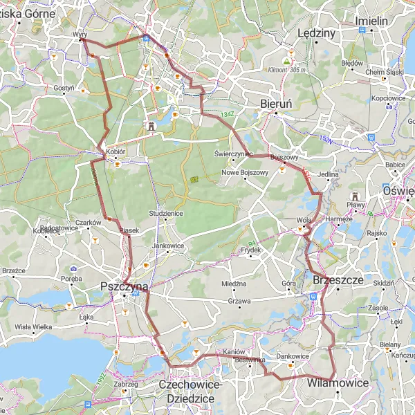 Map miniature of "Gravel Loop around Wyry" cycling inspiration in Śląskie, Poland. Generated by Tarmacs.app cycling route planner