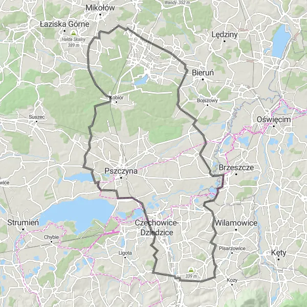 Map miniature of "Challenging Road Loop from Wyry" cycling inspiration in Śląskie, Poland. Generated by Tarmacs.app cycling route planner