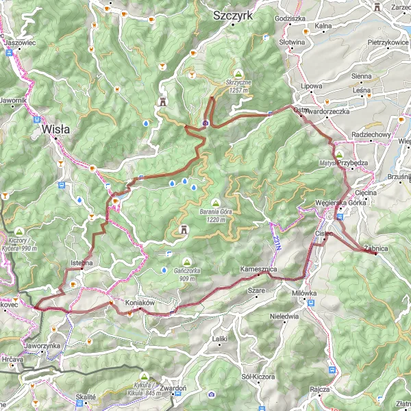 Map miniature of "Around Kamesznica Gravel Adventure" cycling inspiration in Śląskie, Poland. Generated by Tarmacs.app cycling route planner