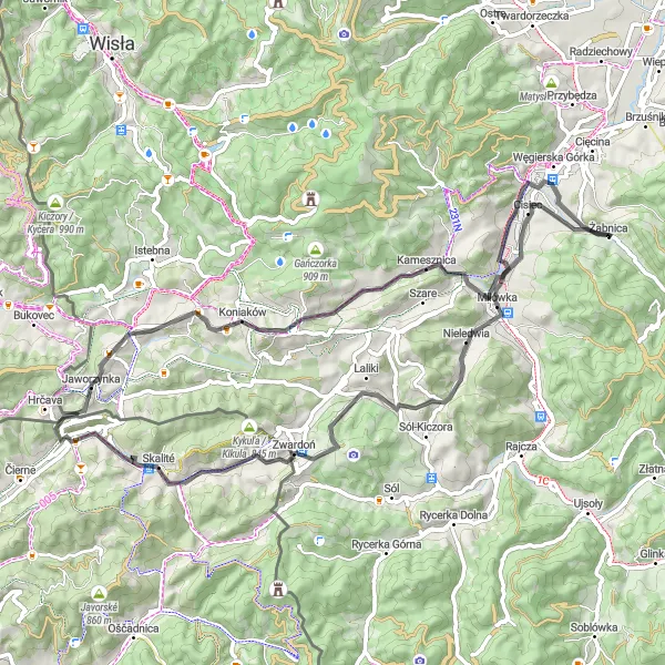 Map miniature of "Road Cycling Adventure: Żabnica Loop" cycling inspiration in Śląskie, Poland. Generated by Tarmacs.app cycling route planner