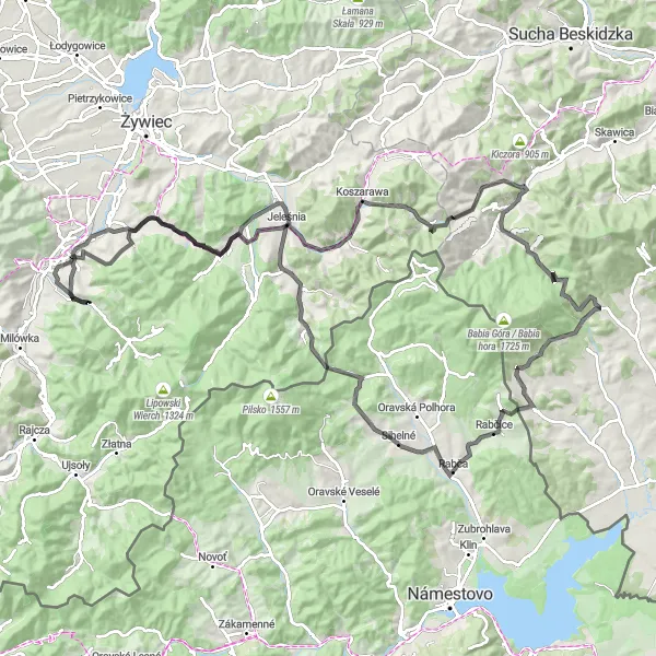 Map miniature of "Climbing Adventure: Grand Loop of Żabnica" cycling inspiration in Śląskie, Poland. Generated by Tarmacs.app cycling route planner