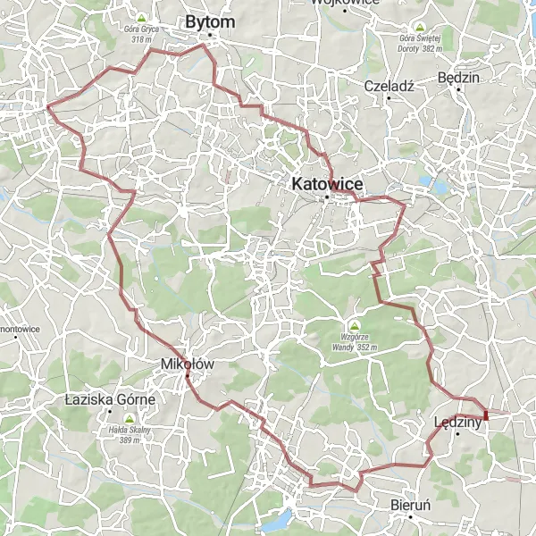 Map miniature of "The Industrial Landmarks Route" cycling inspiration in Śląskie, Poland. Generated by Tarmacs.app cycling route planner