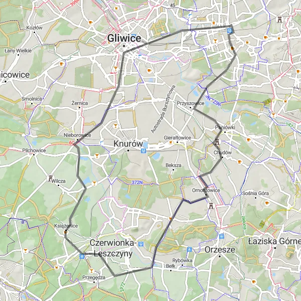 Map miniature of "Zabrze - Paniówki - Ramża - Stanowice - Kuźnia Nieborowska - Gliwice - Centrum Północ" cycling inspiration in Śląskie, Poland. Generated by Tarmacs.app cycling route planner