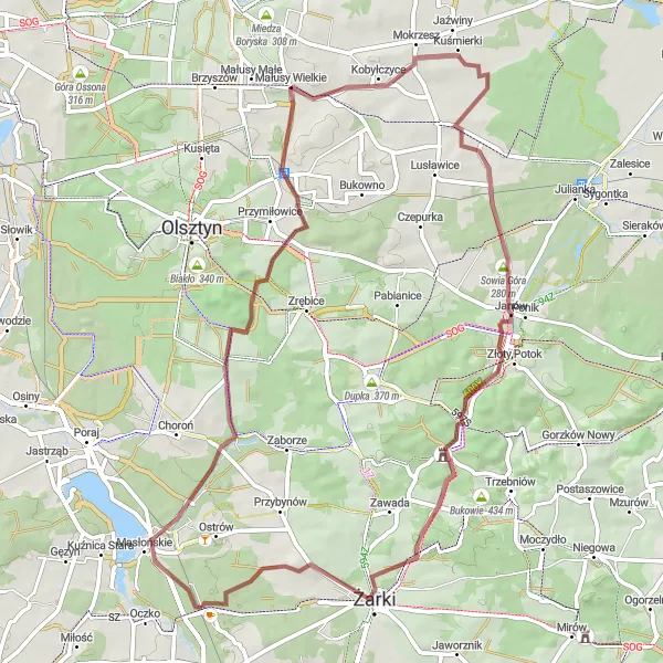 Map miniature of "Żarki-Letnisko to Janów Gravel Ride" cycling inspiration in Śląskie, Poland. Generated by Tarmacs.app cycling route planner