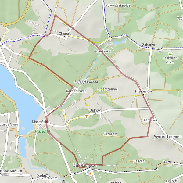 Map miniature of "Żarki-Letnisko to Przybynów Gravel Ride" cycling inspiration in Śląskie, Poland. Generated by Tarmacs.app cycling route planner