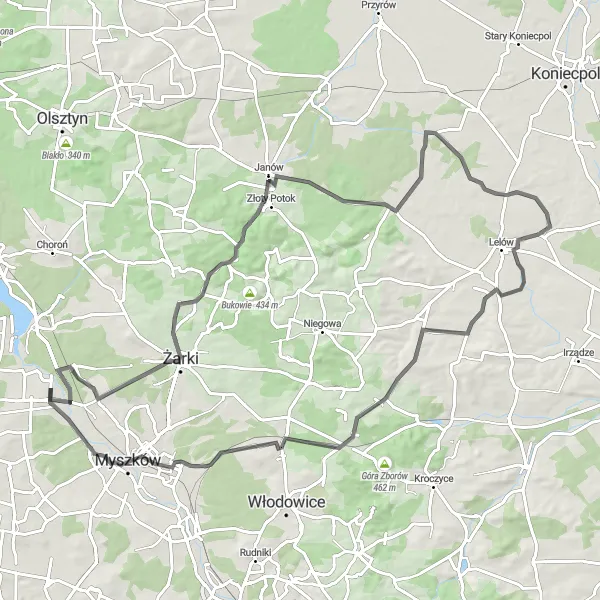 Map miniature of "Żarki-Letnisko to Lgota-Nadwarcie Road Trip" cycling inspiration in Śląskie, Poland. Generated by Tarmacs.app cycling route planner
