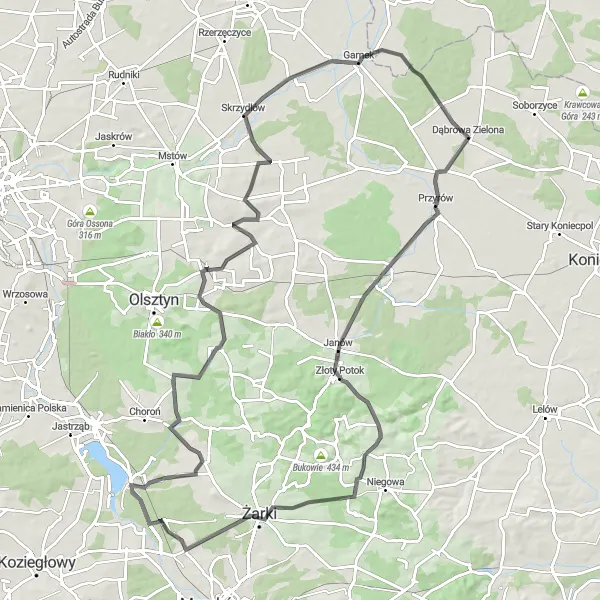 Map miniature of "Żarki-Letnisko to Moczydło Road Trip" cycling inspiration in Śląskie, Poland. Generated by Tarmacs.app cycling route planner