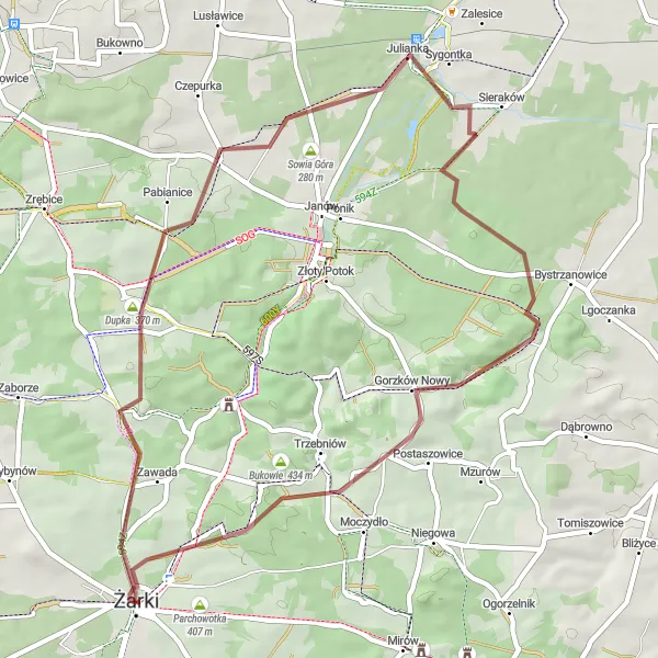 Map miniature of "Exploring the Rural Beauty of Żarki" cycling inspiration in Śląskie, Poland. Generated by Tarmacs.app cycling route planner