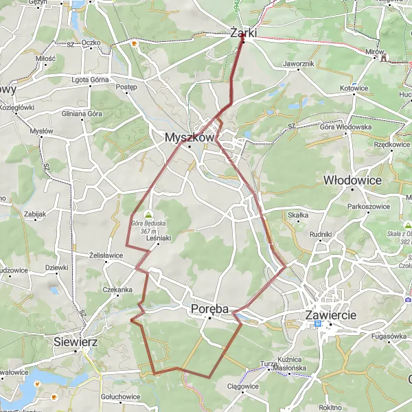 Miniatura mapy "Trasa Gravelowa przez Górę Będuska" - trasy rowerowej w Śląskie, Poland. Wygenerowane przez planer tras rowerowych Tarmacs.app