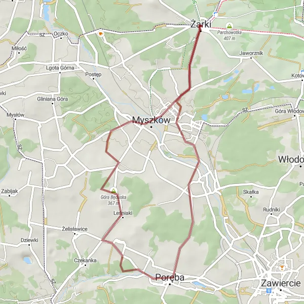 Map miniature of "Myszków Adventure" cycling inspiration in Śląskie, Poland. Generated by Tarmacs.app cycling route planner