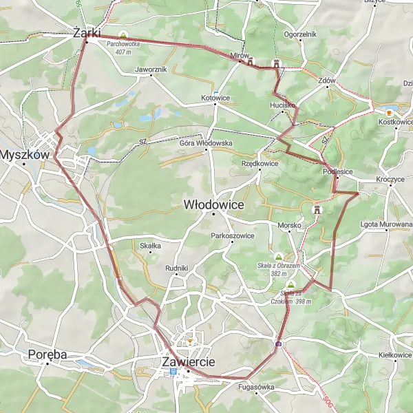 Map miniature of "Żarki Gravel Loop" cycling inspiration in Śląskie, Poland. Generated by Tarmacs.app cycling route planner